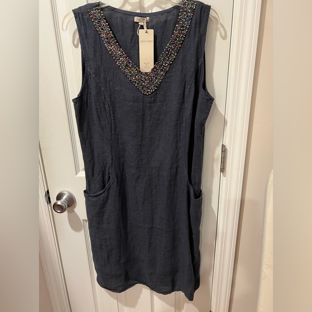 Embellished V-Neck Linen Shift Dress..Special Back Detail-Never Worn